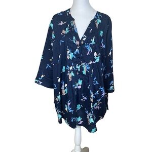 Catherines Top Plus Size 3XWP Pleated V-Neck Button Front 3/4 Sleeve Cotton Blue